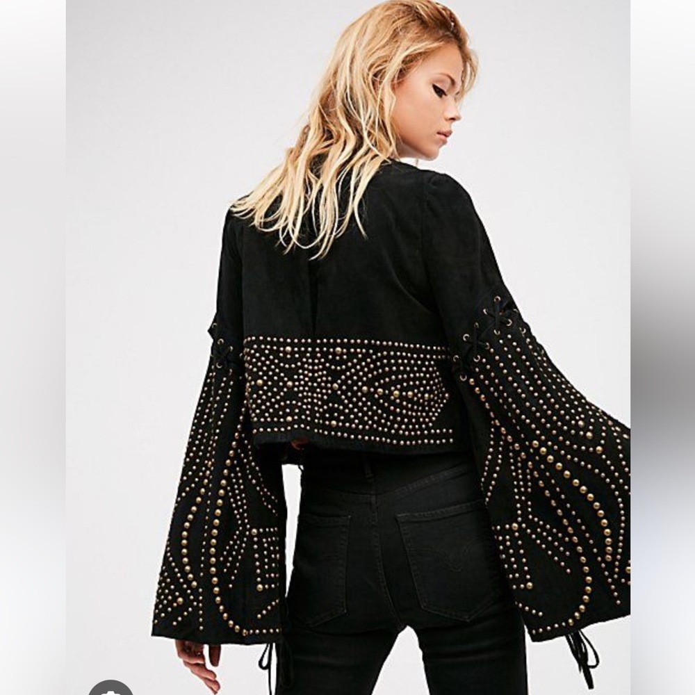 Free People Black Suede Leather Jacket with Gold Studs